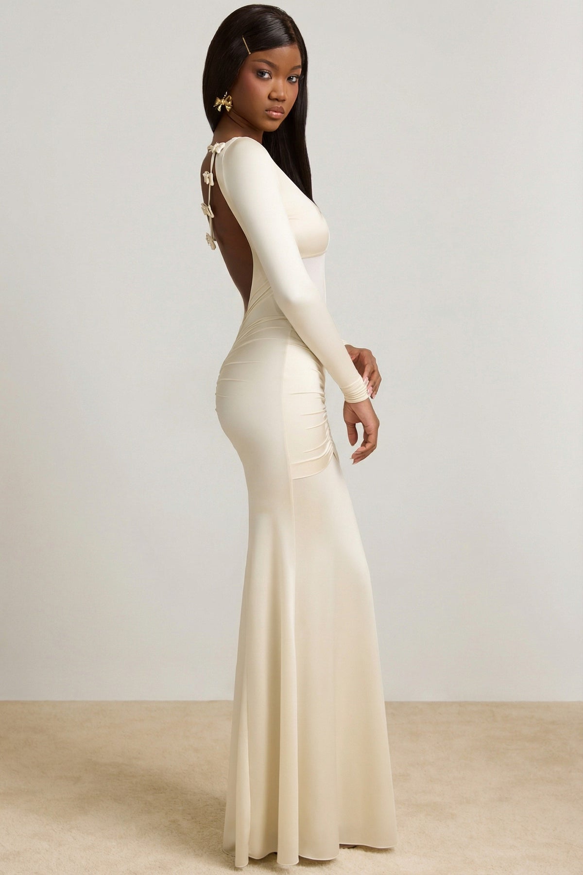 Bow-Detail Ruched Maxi Dress in Ivory
