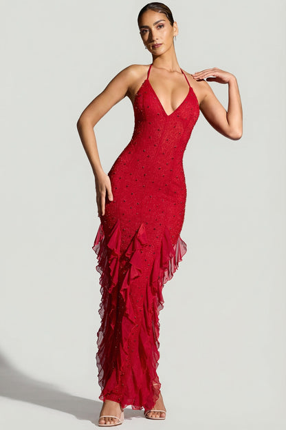 Embellished Halter Neck Ruffle Maxi Dress in Red