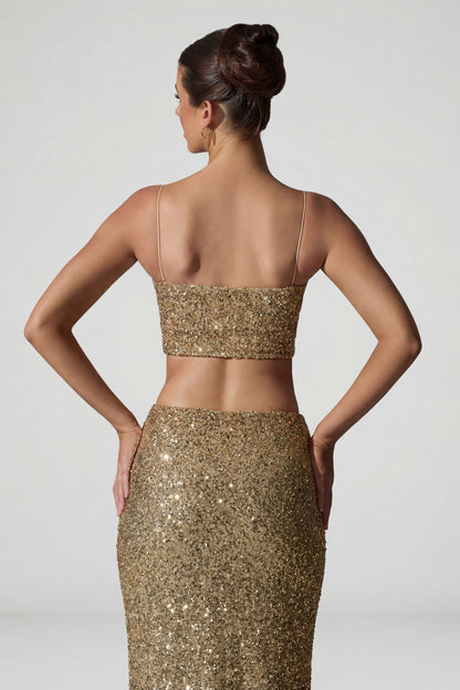 Embellished Cut-Out Crop Top in Gold