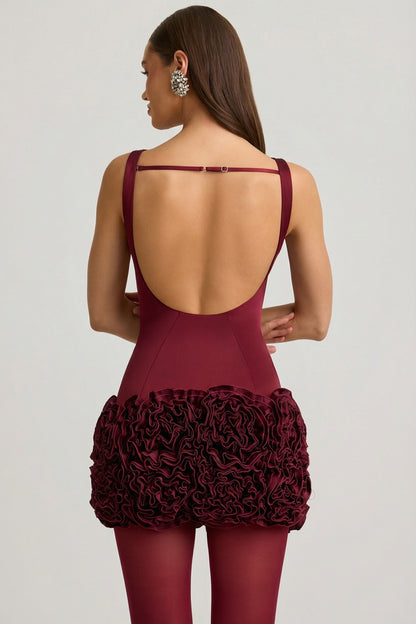 Satin Floral Appliqué Open-Back Mini Dress in Wine Red