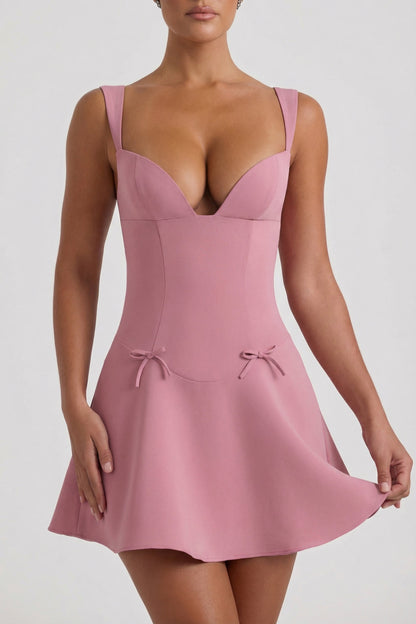Bow-Detail A-Line Mini Dress in Dusty Pink