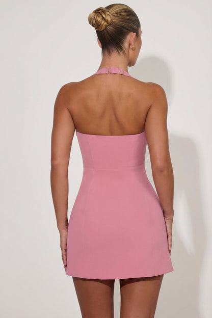 Heart-Detail Halterneck A-Line Mini Dress in Dusty Pink