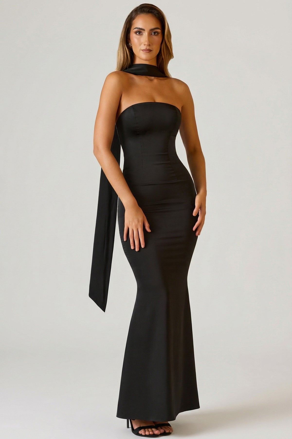 Scarf-Detail Strapless Gown in Black