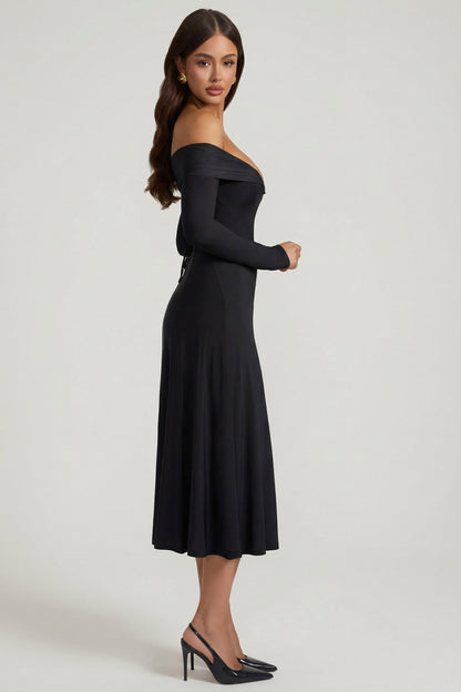 Off-Shoulder Lace-Up A-Line Midaxi Dress in Black