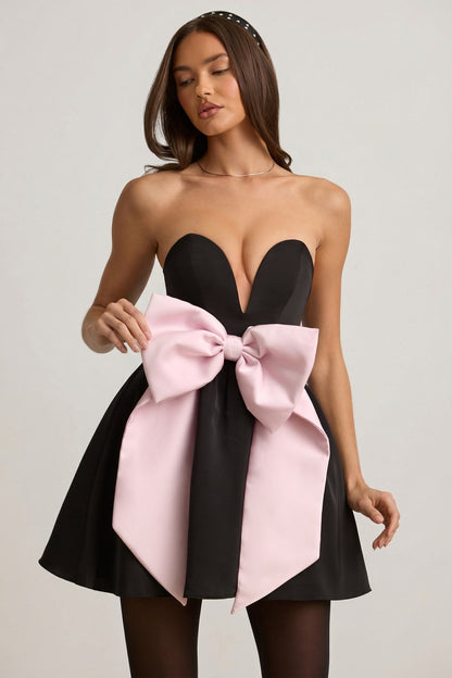 Bow-Detail Corset Mini Dress in Black
