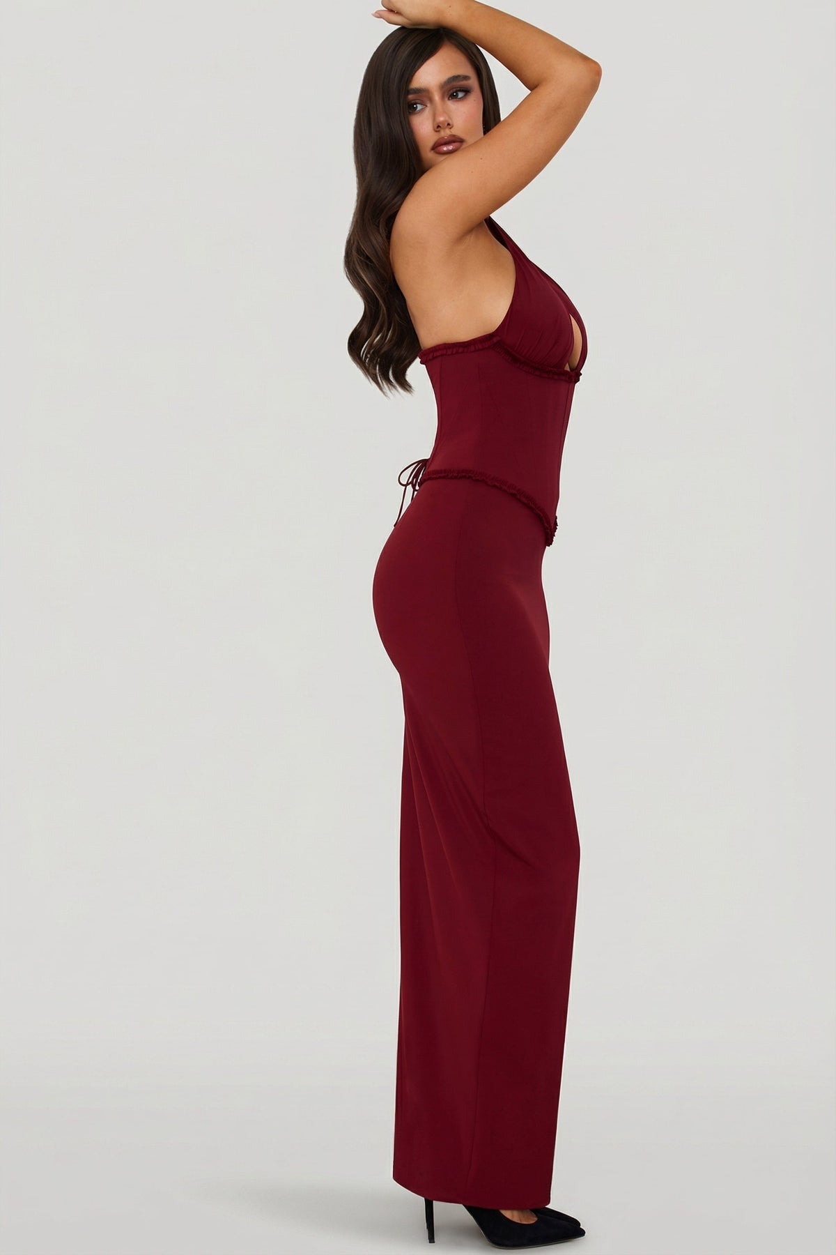 Halterneck Lace-Up Corset Maxi Dress in Berry Red
