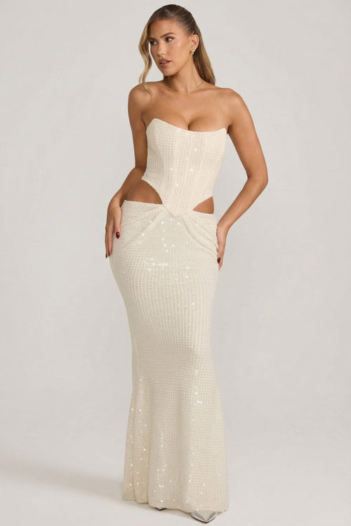 Embellished Cut-Out Draped Corset Gown in White