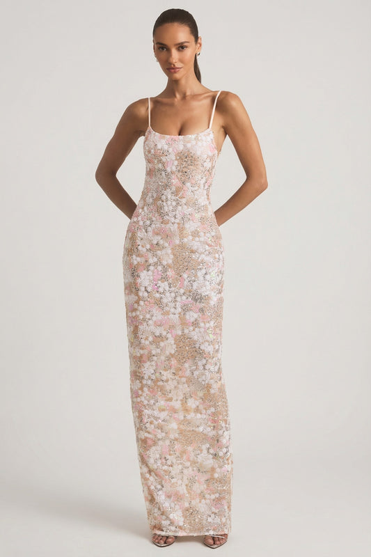 Embellished Scoop-Neck Backless Maxi Dress in Ivory