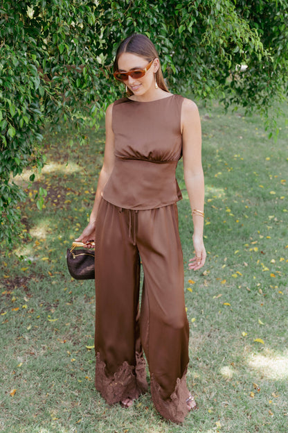Viola Drawstring Wide Leg Pant - Chocolate