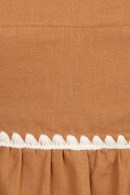 Lino Contrast Trim Midi Dress - Tan White