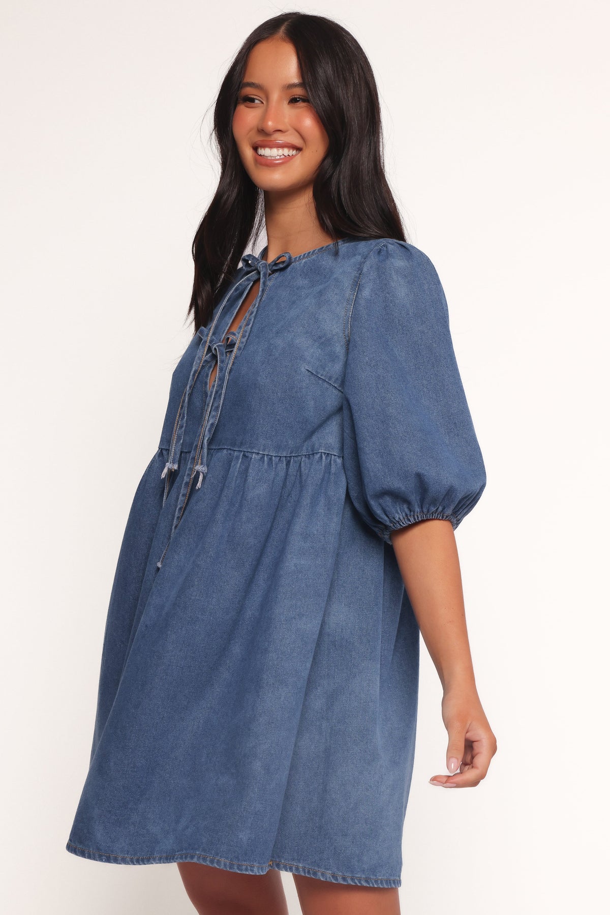 Romana Tie Front Mini Dress - Dark Denim
