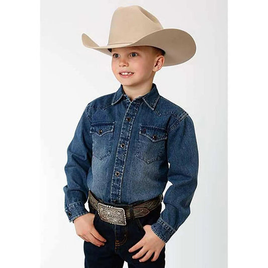 Stetson Medium Weight Denim Long Sleeve (Blue) - Boy's Western Shirt - Hatcountry