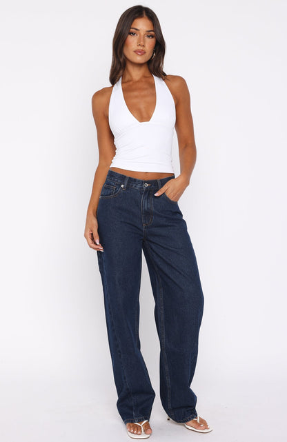 Kiara Mid Rise Barrel Leg Jeans Dark Blue