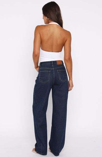 Kiara Mid Rise Barrel Leg Jeans Dark Blue