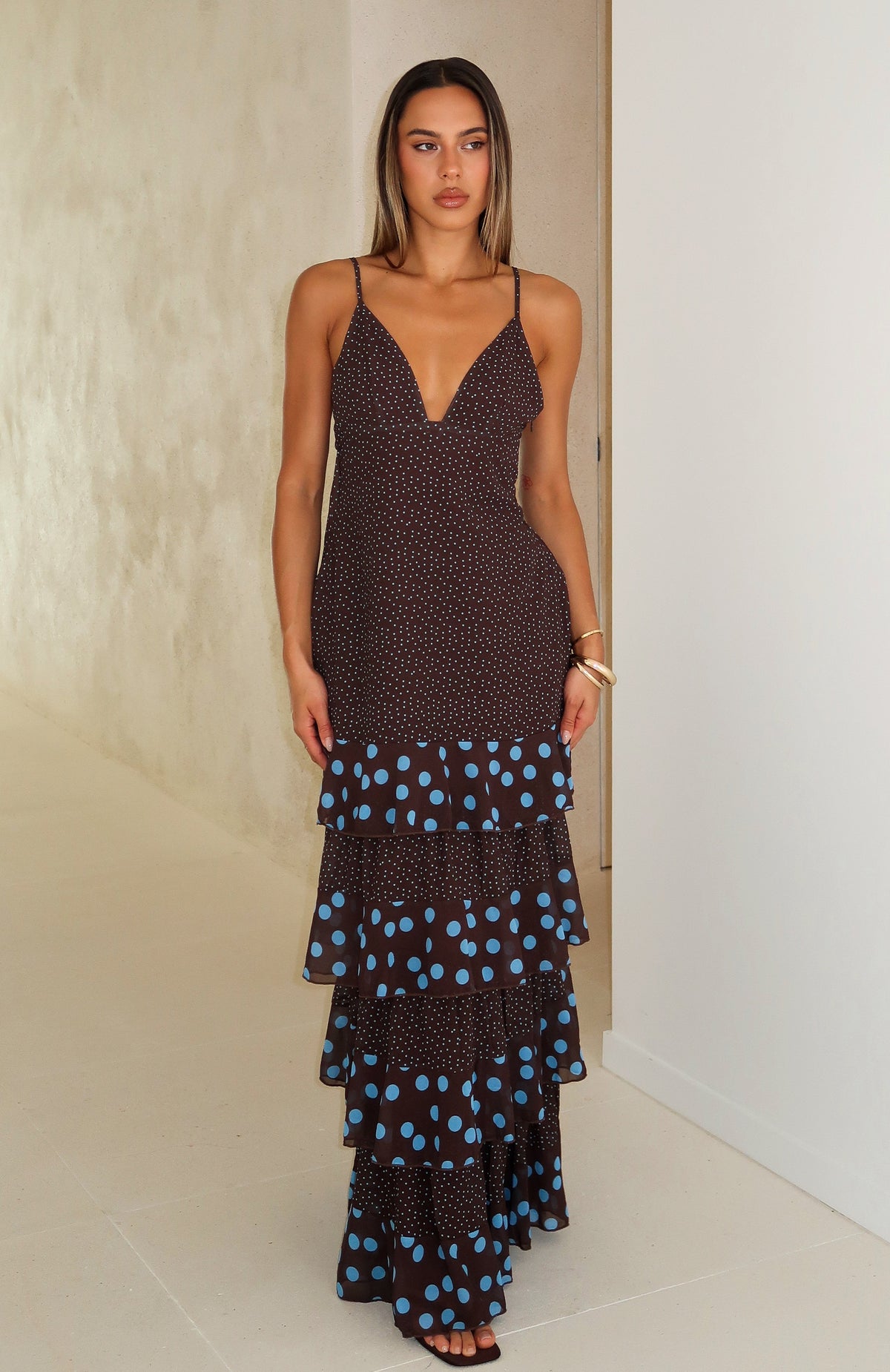 Princess Maxi Dress Chocolate/Blue Polka Dot