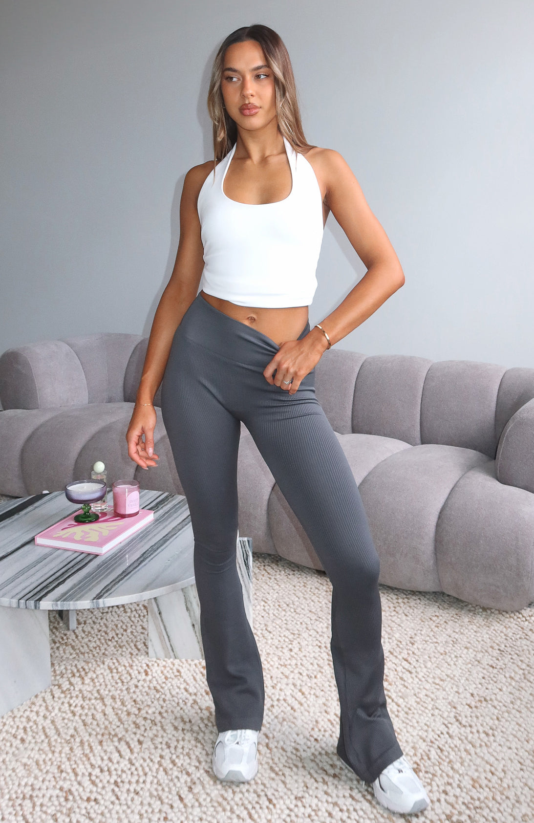 Scared To Confess Seamless Ribbed Flare Pants Charcoal
