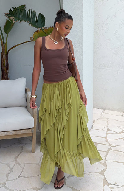 Sunset Strolls Midi Skirt Matcha